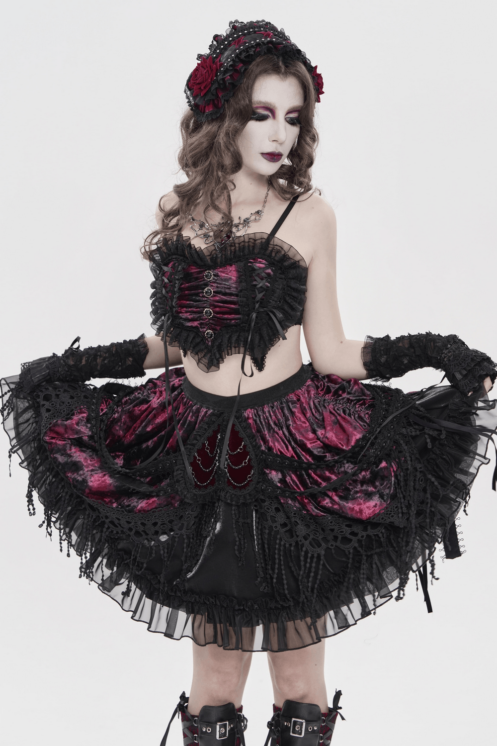 Black Gothic Rose Bonnet with Lace Ruffles and Studs