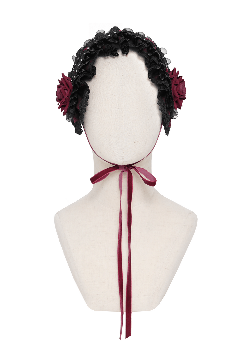Black Gothic Rose Bonnet with Lace Ruffles and Studs
