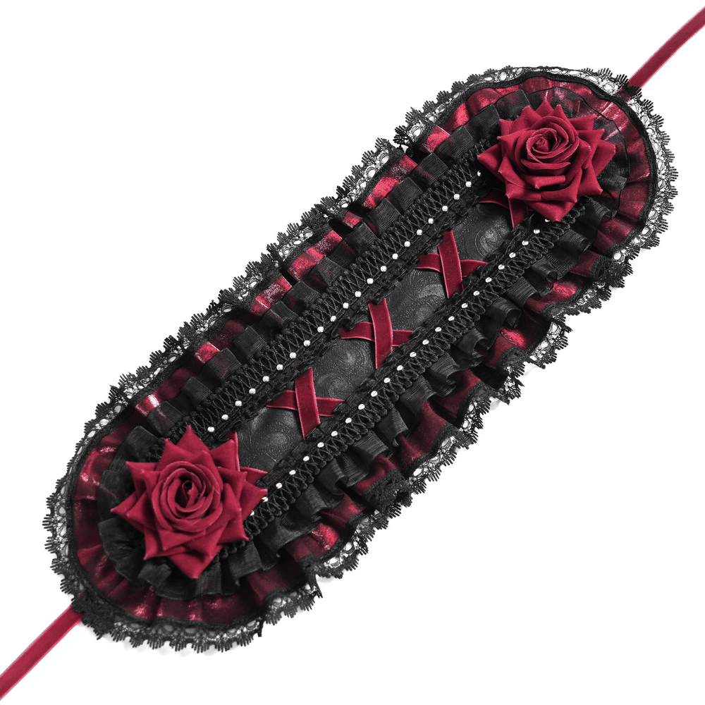 Black Gothic Rose Bonnet with Lace Ruffles and Studs
