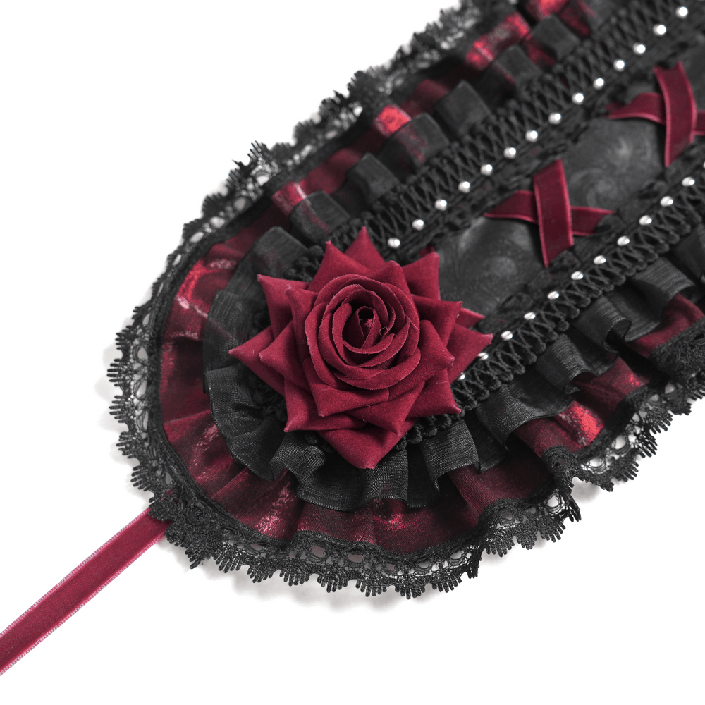 Black Gothic Rose Bonnet with Lace Ruffles and Studs
