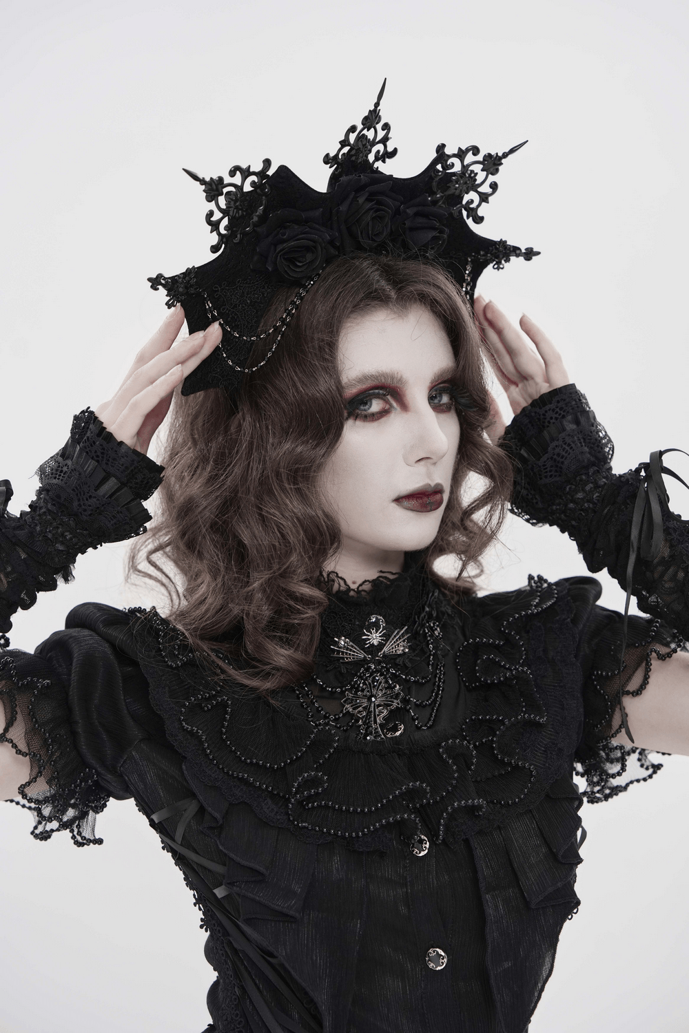 Black Gothic Rose Crown Headpiece With Lace Wings
