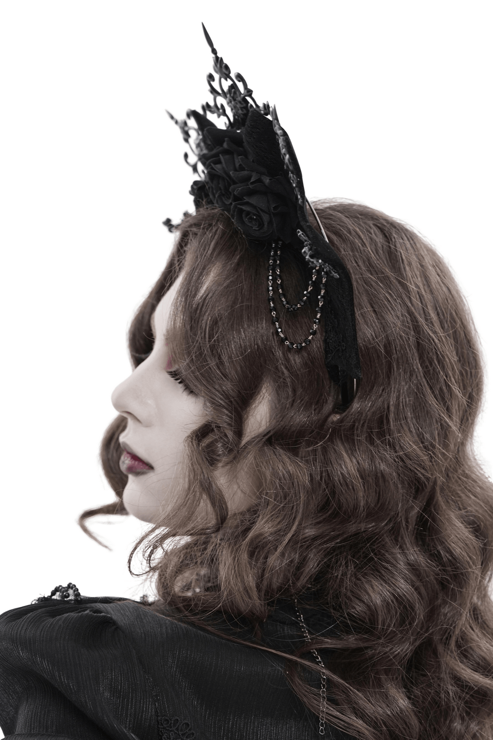 Black Gothic Rose Crown Headpiece With Lace Wings