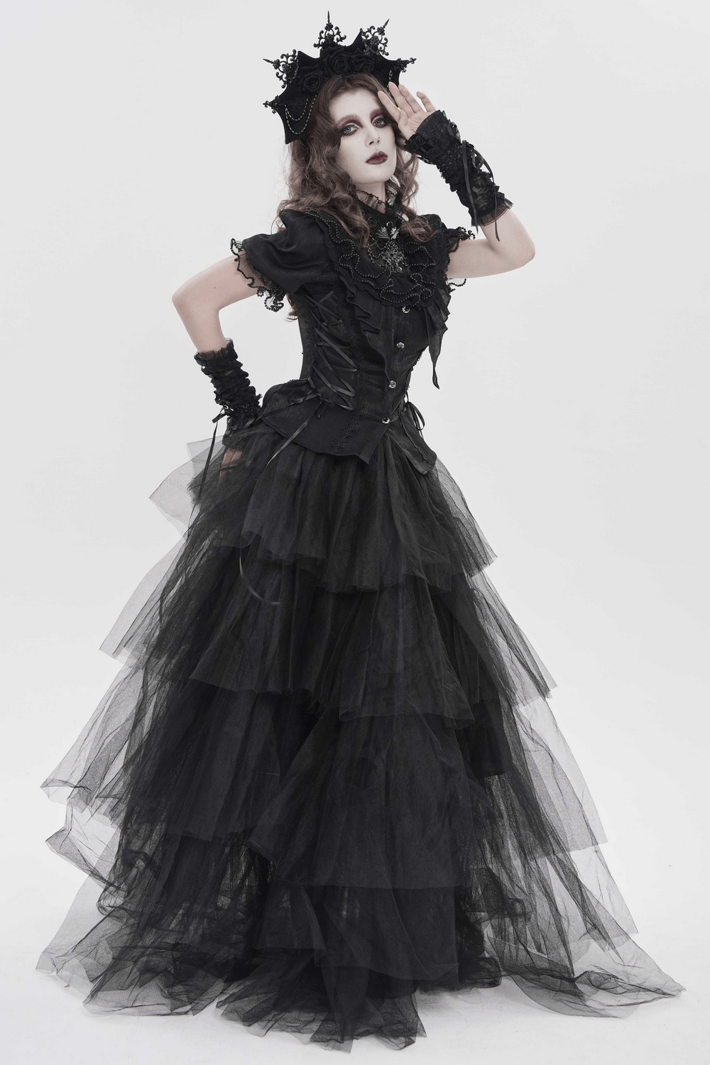 Black Gothic Rose Crown Headpiece With Lace Wings