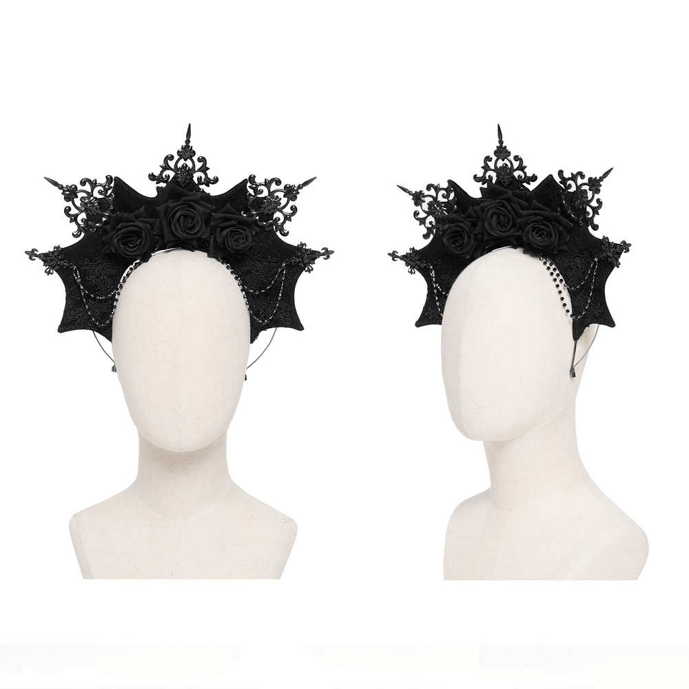 Black Gothic Rose Crown Headpiece With Lace Wings