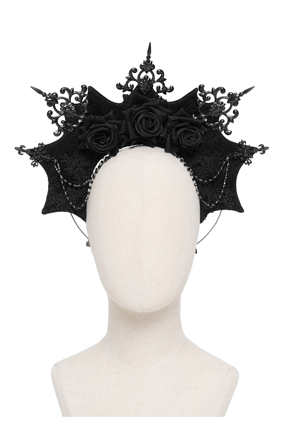 Black Gothic Rose Crown Headpiece With Lace Wings