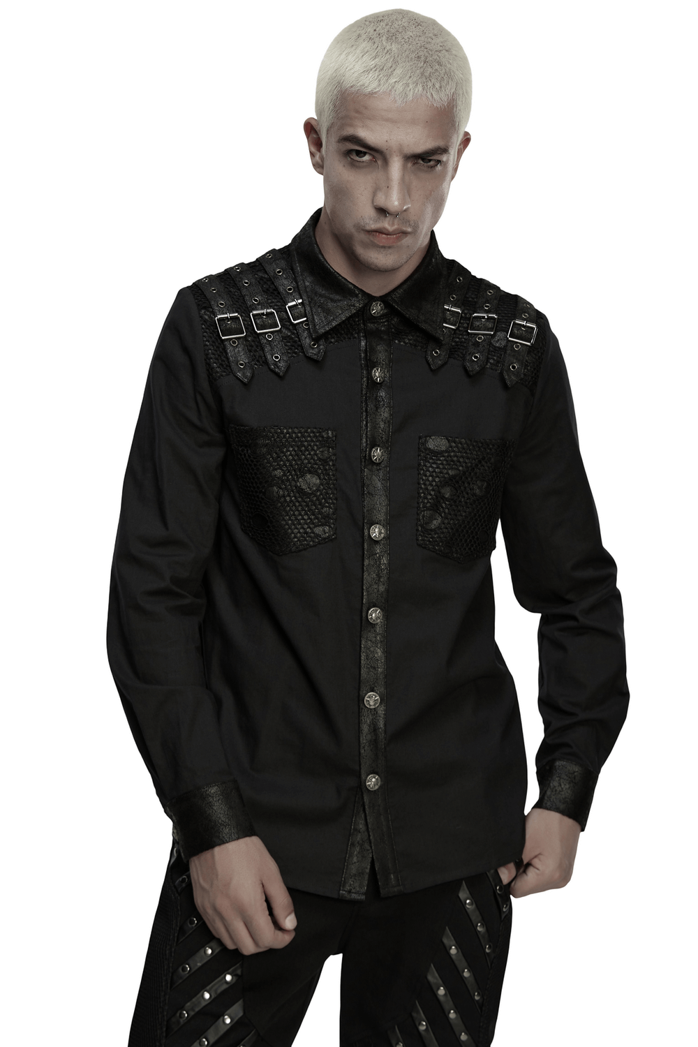 Black Gothic Shirt with Buckle Shoulder and Mesh Detail