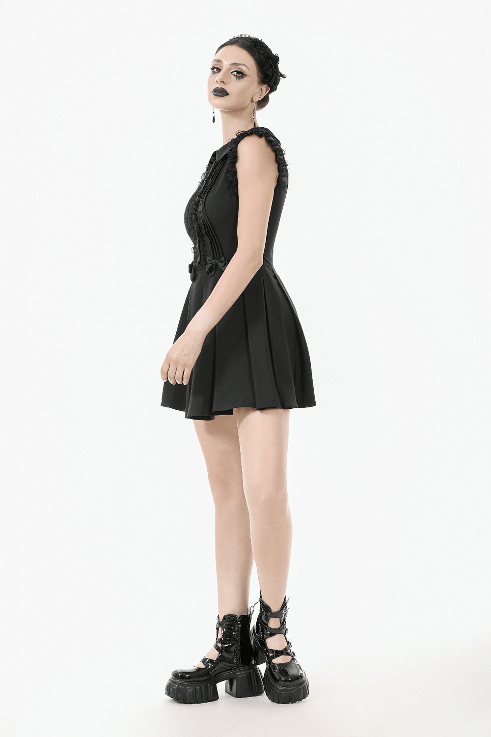 Black Gothic Sleeveless Dress with Lace Trim and Bows