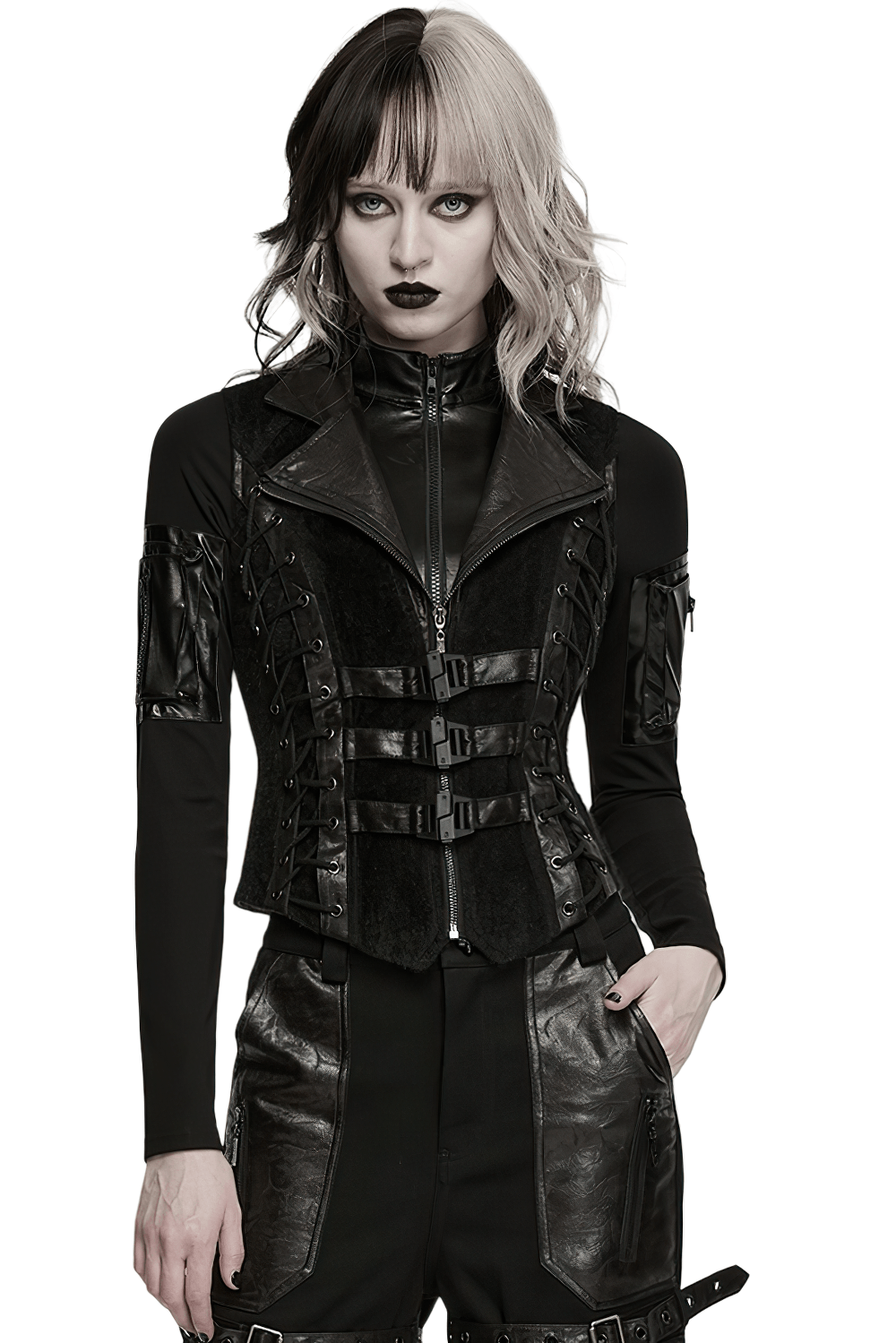 Black Gothic Utility Vest with Buckles and Corset Lacing