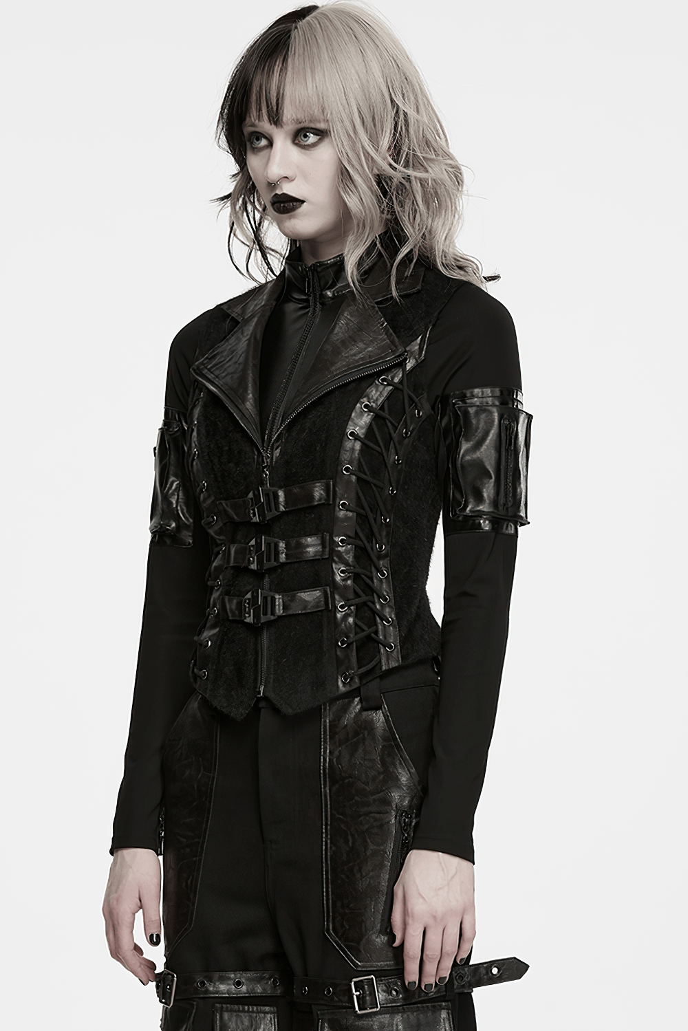 Black Gothic Utility Vest with Buckles and Corset Lacing