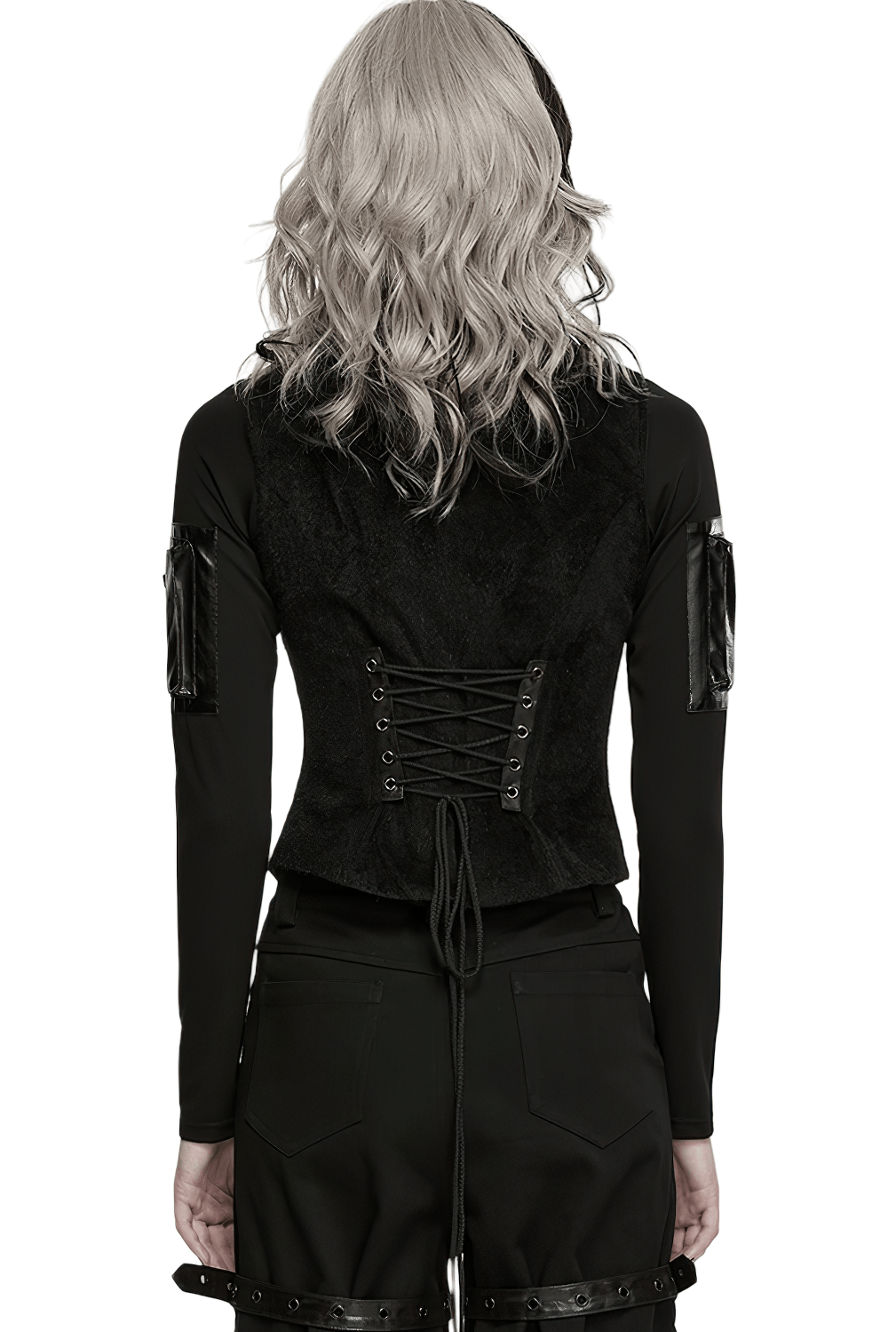 Black Gothic Utility Vest with Buckles and Corset Lacing