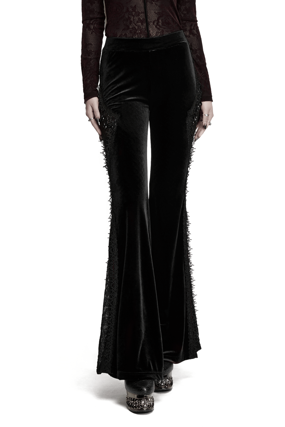 Black Gothic Velvet Flared Pants with Lace Panels