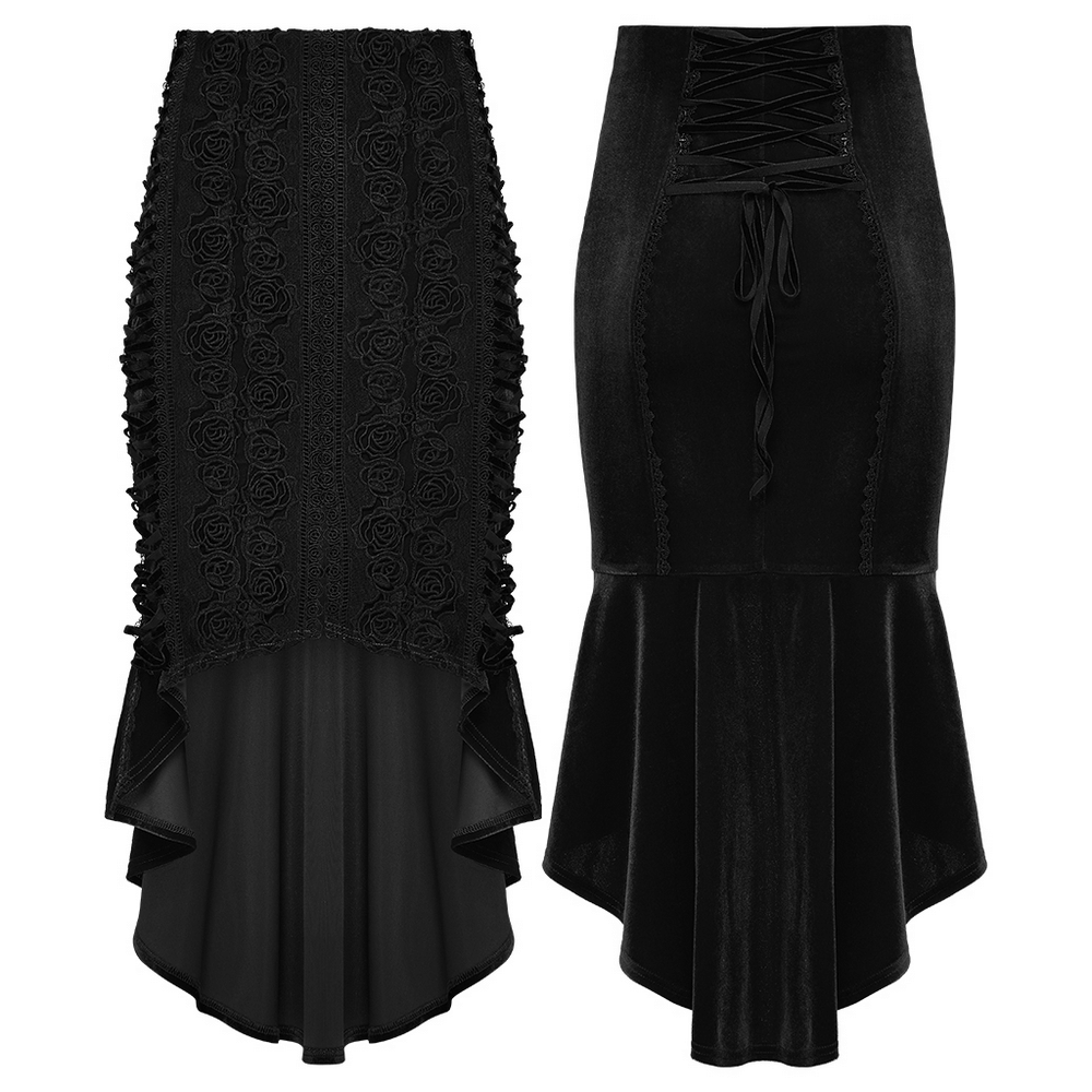 Black Gothic Velvet Rose Lace High-Low Fishtail Skirt