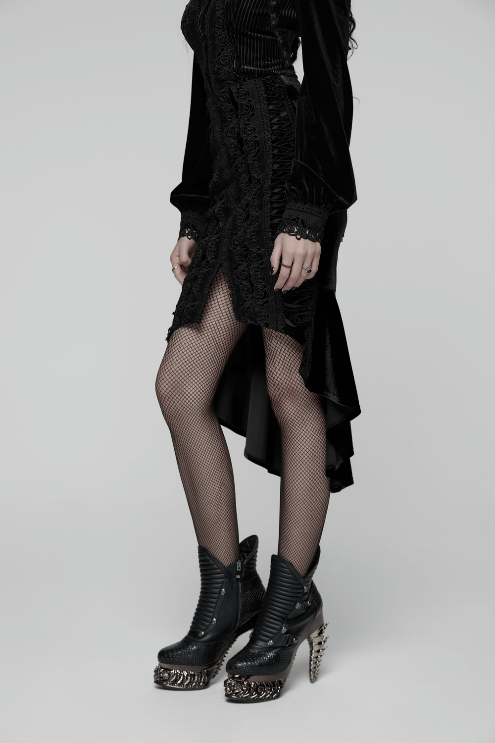 Black Gothic Velvet Rose Lace High-Low Fishtail Skirt