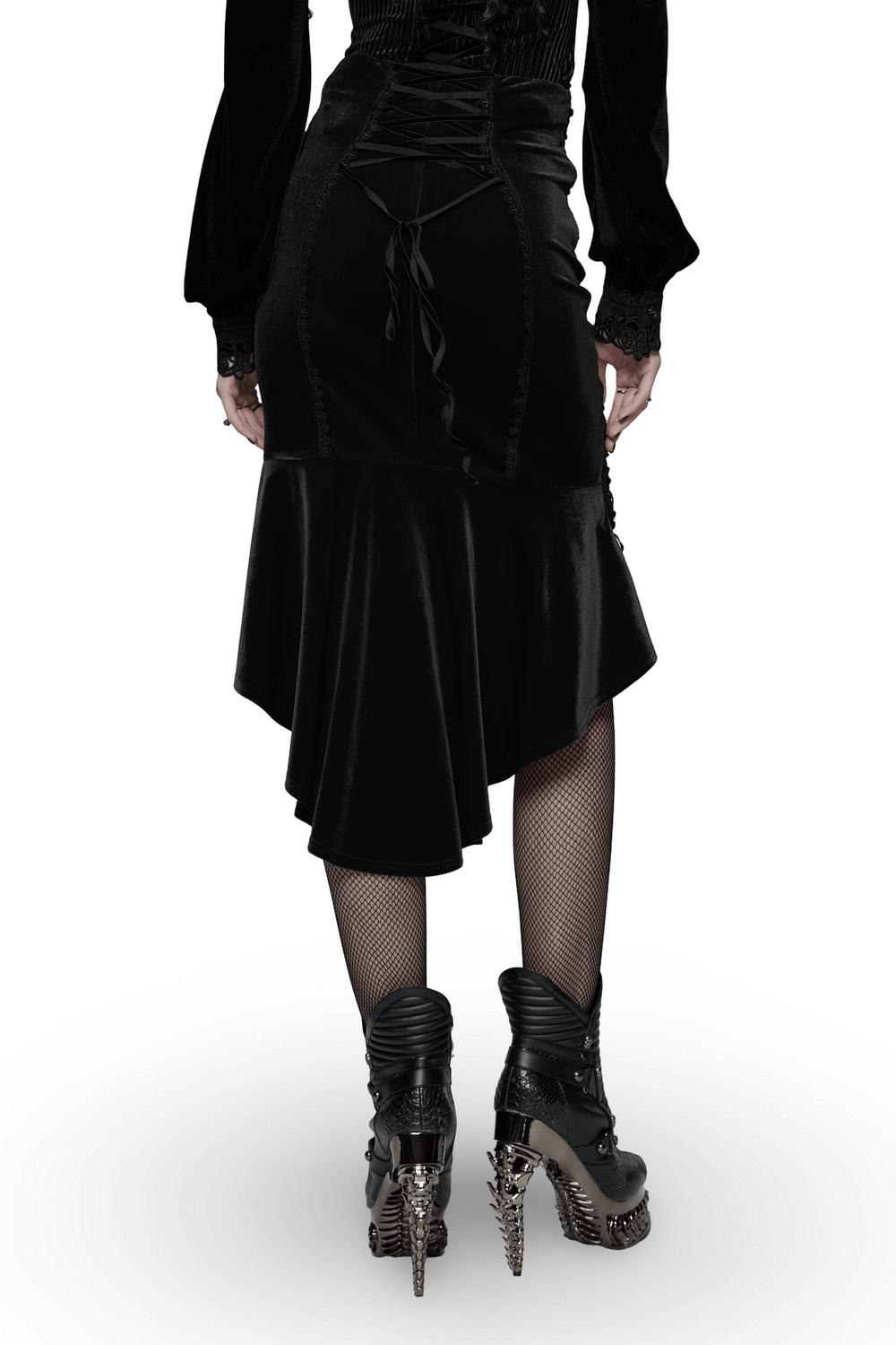 Black Gothic Velvet Rose Lace High-Low Fishtail Skirt