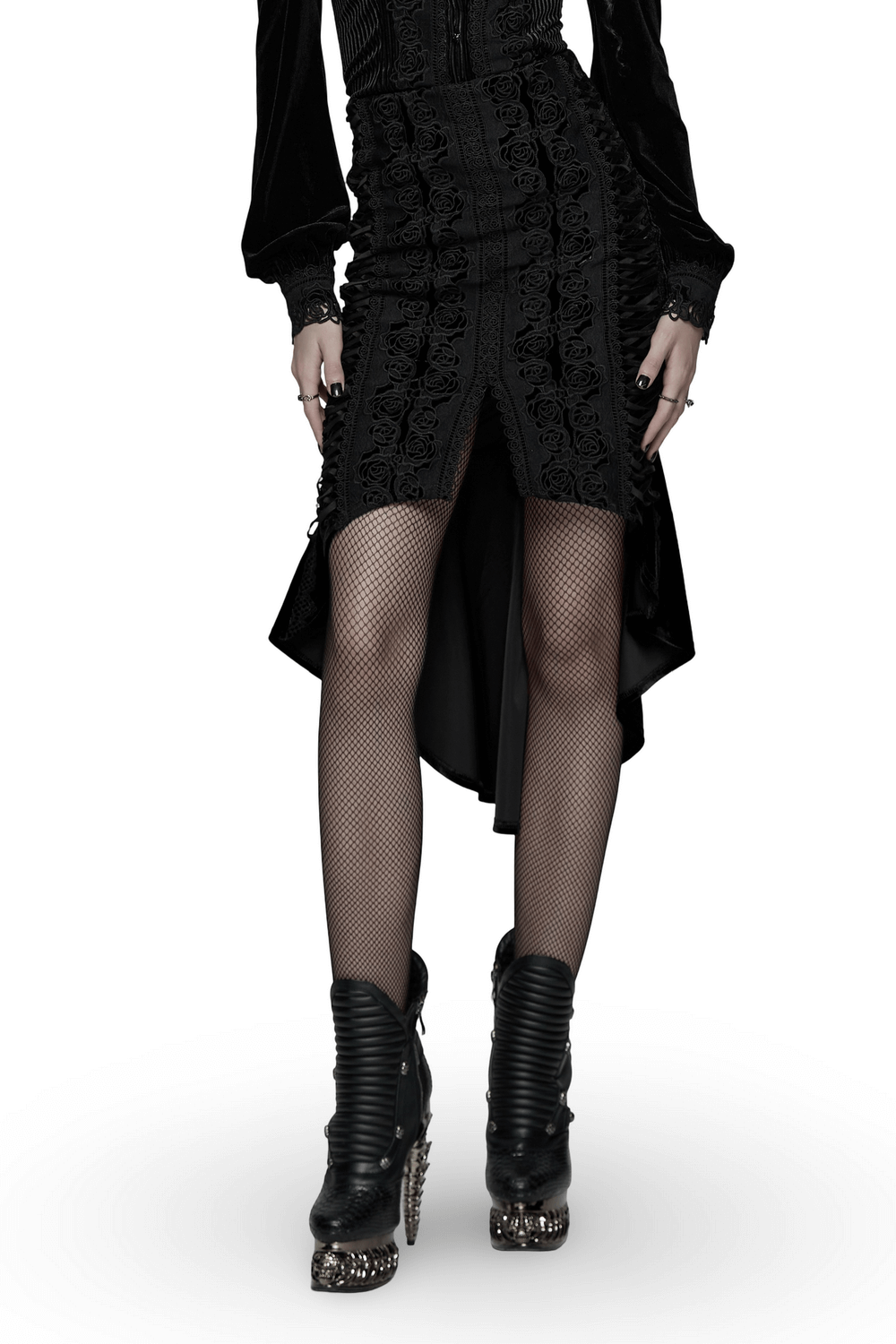 Black Gothic Velvet Rose Lace High-Low Fishtail Skirt