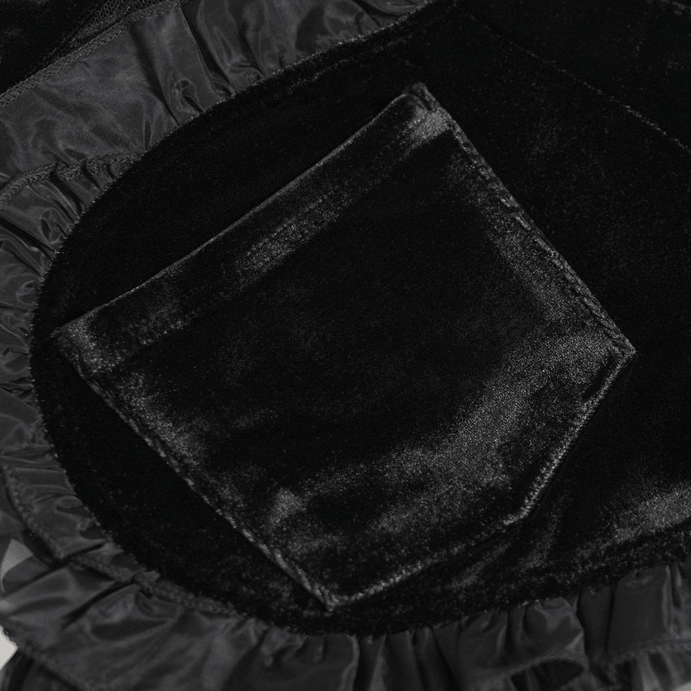 Black Gothic Velvet Shorts With Floral Ruffle Trim