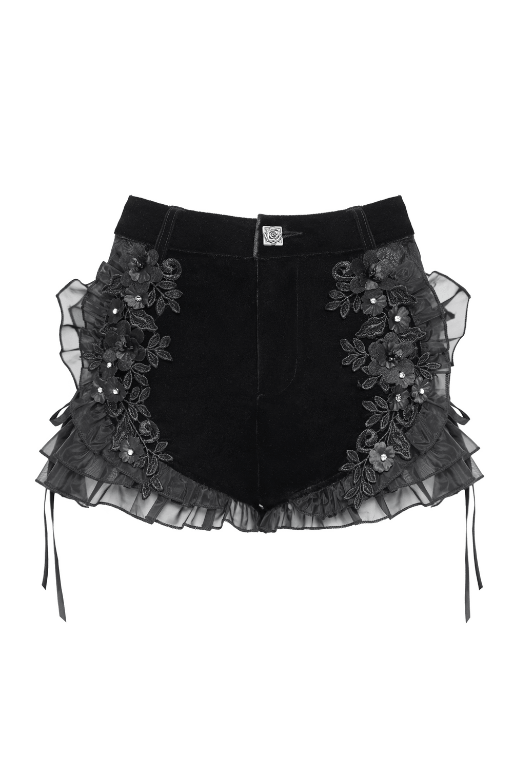 Black Gothic Velvet Shorts With Floral Ruffle Trim