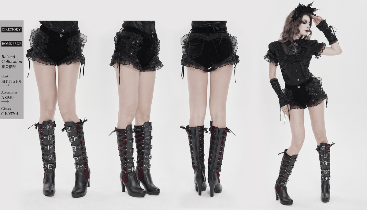 Black Gothic Velvet Shorts With Floral Ruffle Trim