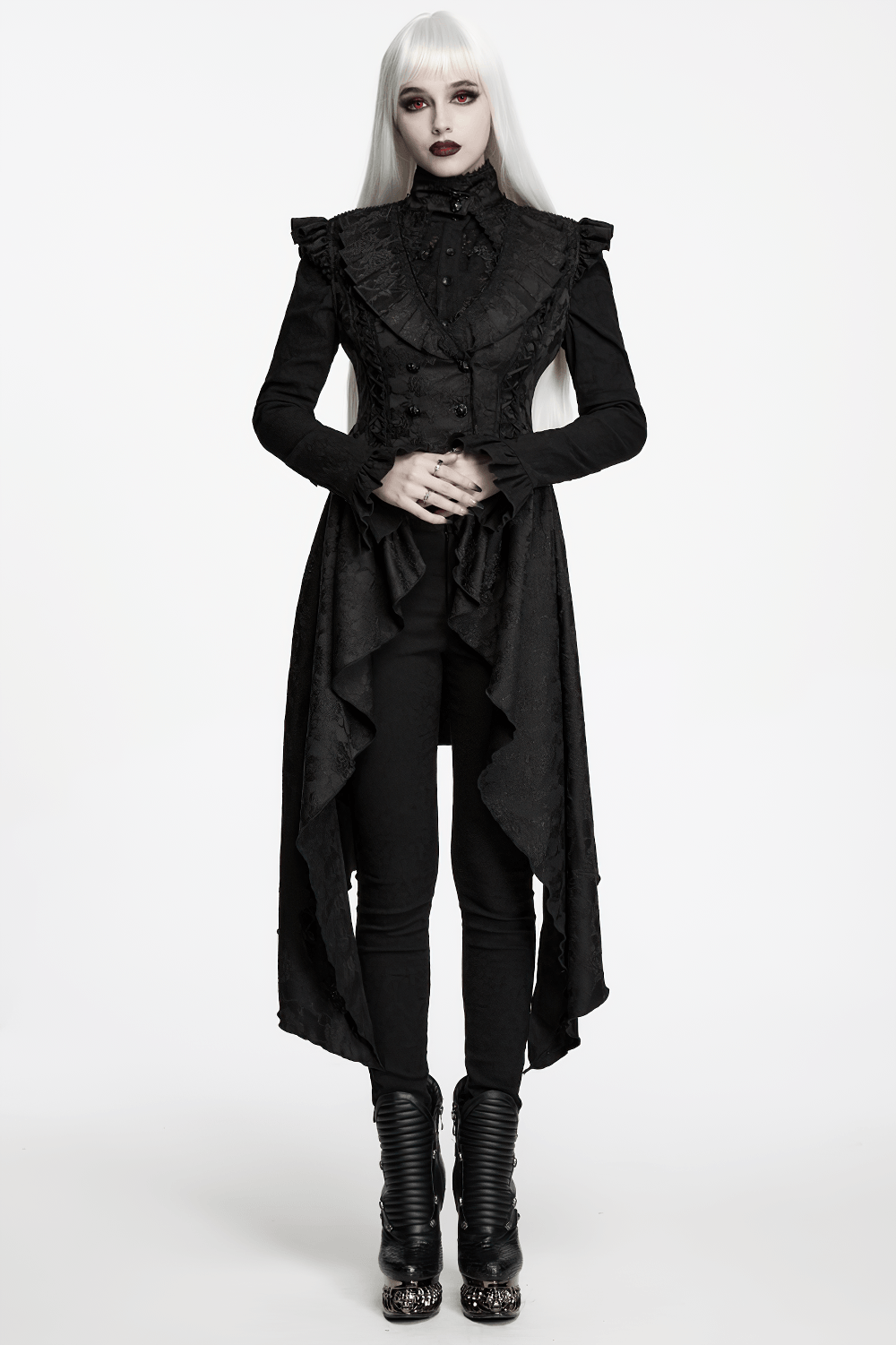 Black Gothic Victorian Tailcoat Vest with Lace Ruffles