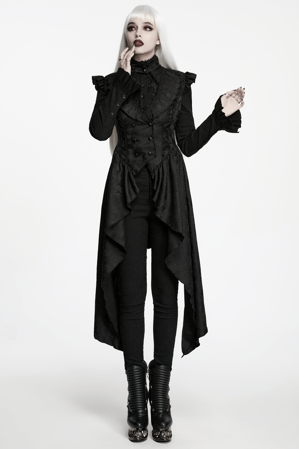 Black Gothic Victorian Tailcoat Vest with Lace Ruffles
