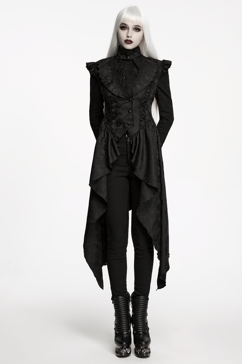 Black Gothic Victorian Tailcoat Vest with Lace Ruffles