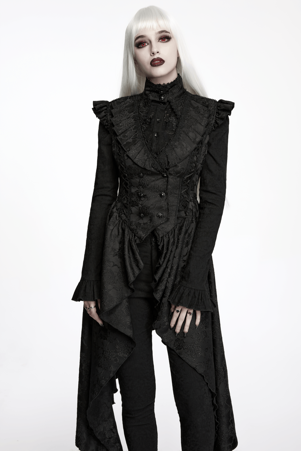 Black Gothic Victorian Tailcoat Vest with Lace Ruffles