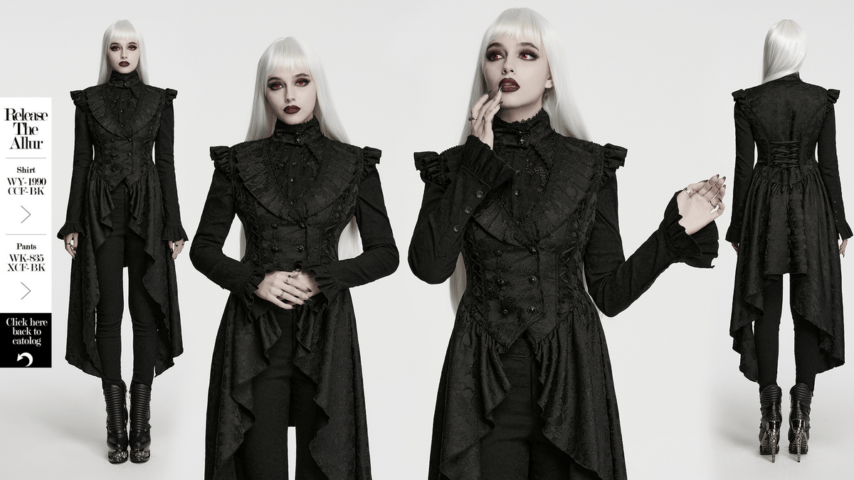 Black Gothic Victorian Tailcoat Vest with Lace Ruffles