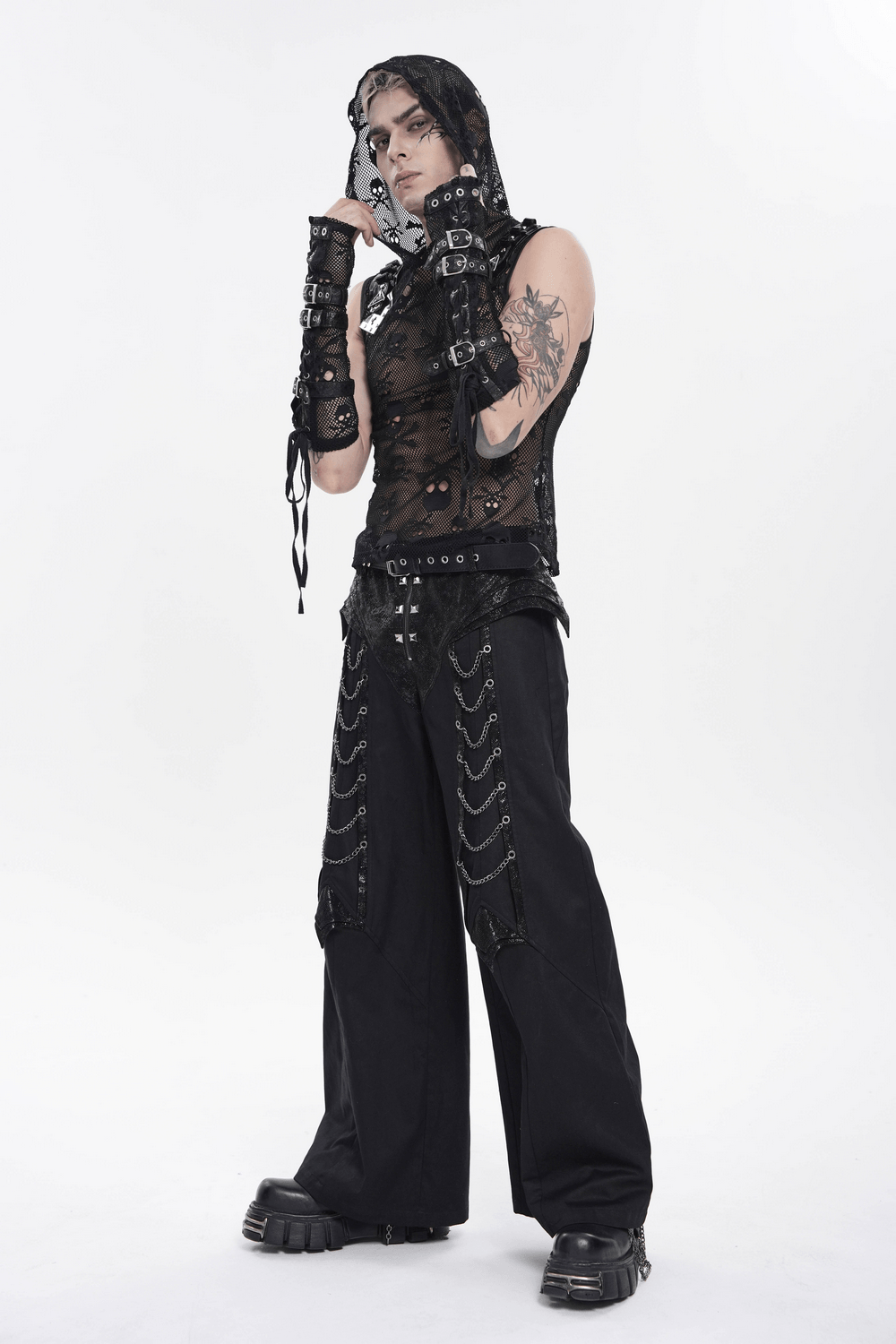 Black Gothic Wide Leg Pants with Chains and Studs