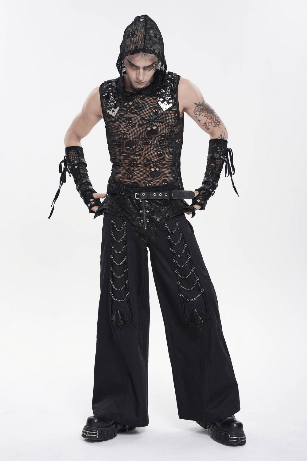 Black Gothic Wide Leg Pants with Chains and Studs