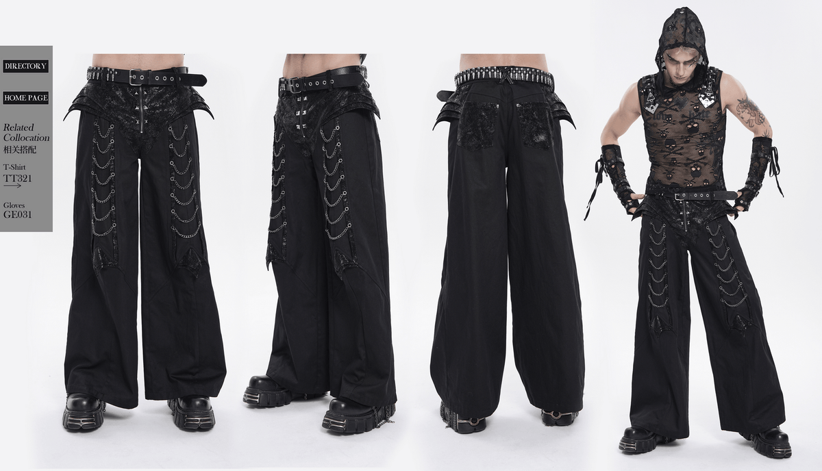 Black Gothic Wide Leg Pants with Chains and Studs