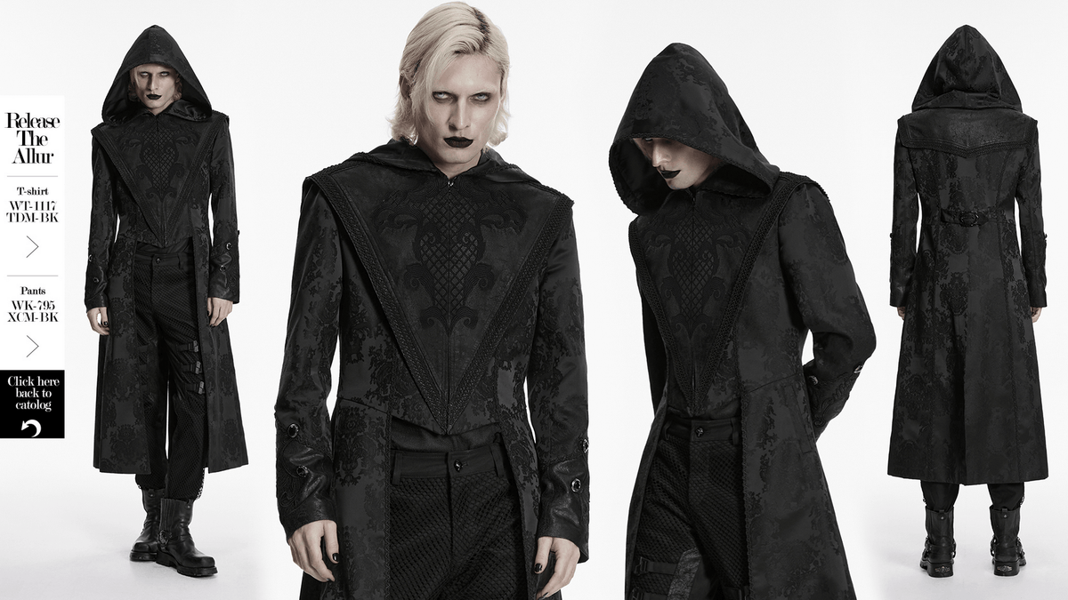 Black Hooded Gothic Jacquard Tailcoat for Men