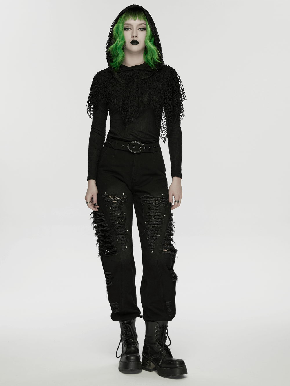 Black Hooded Mesh Overlay Wasteland Punk Top