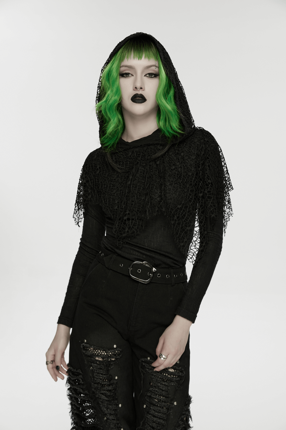 Black Hooded Mesh Overlay Wasteland Punk Top