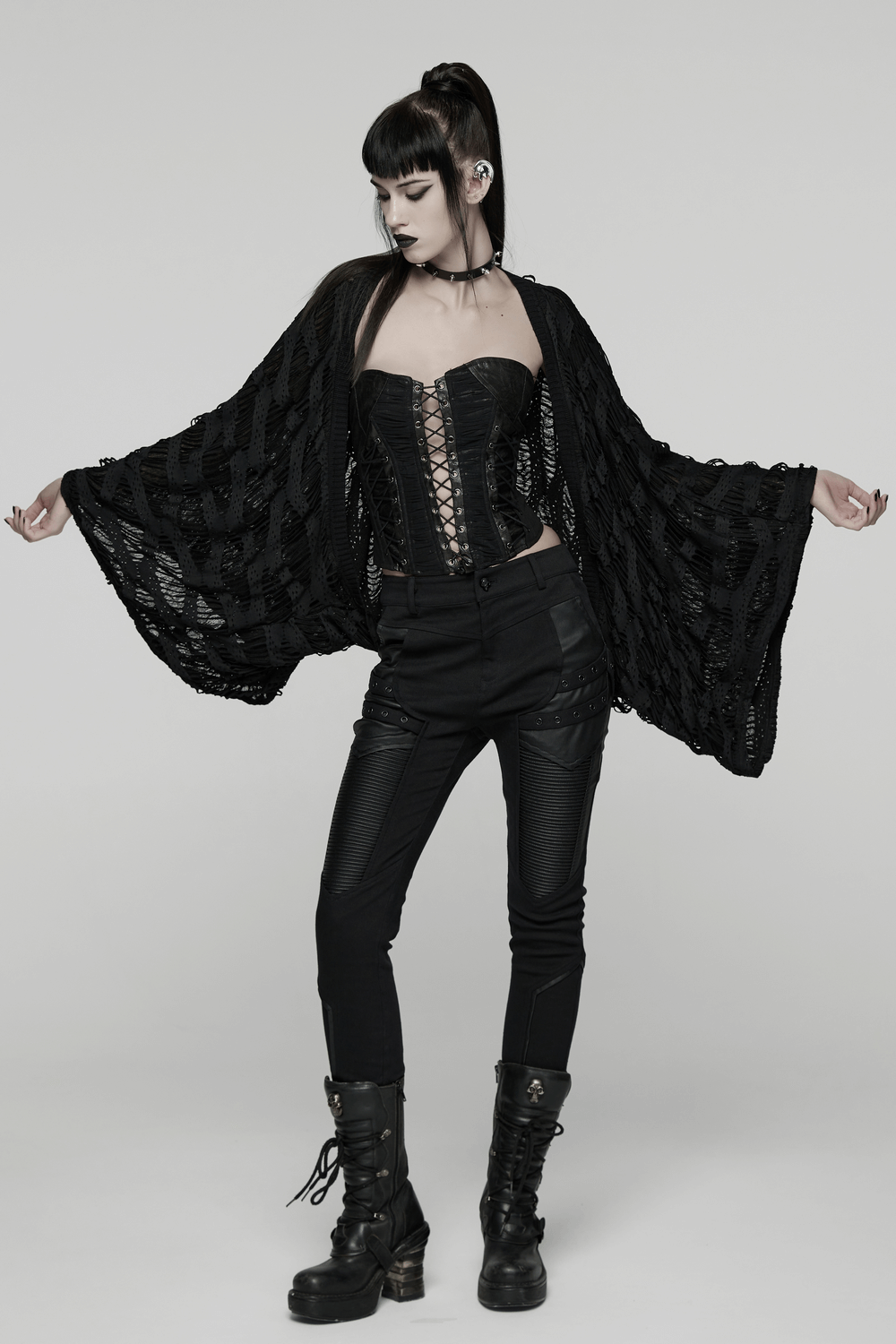 Black Knit Punk Cardigan with Ragged Loose Sleeve Design