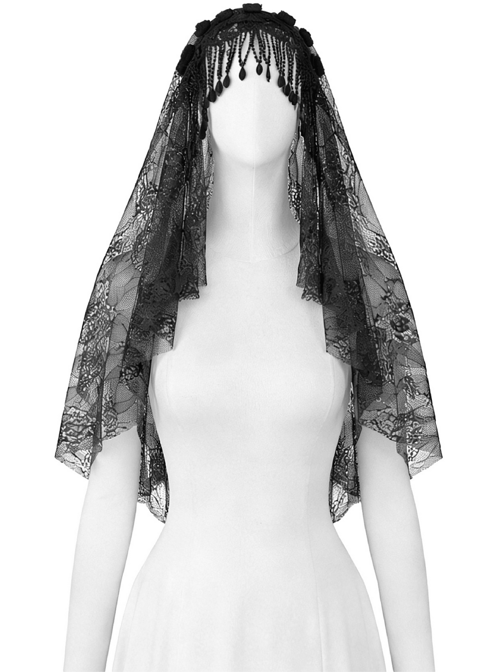 Black Lace Bridal Veil with Beaded Fringe Headpiece