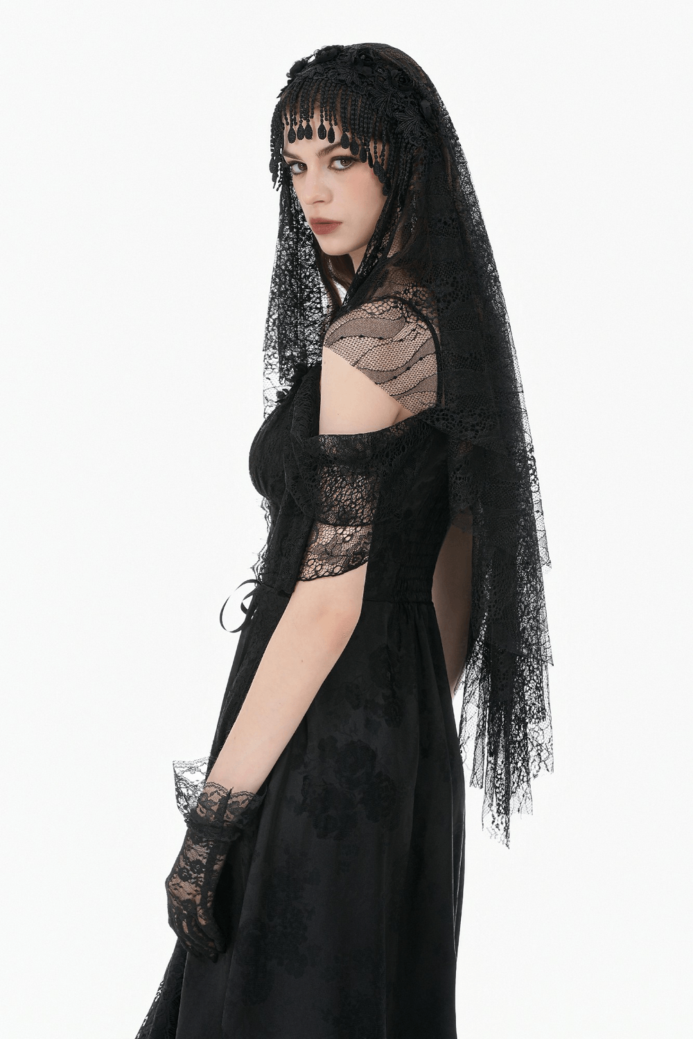 Black Lace Bridal Veil with Beaded Fringe Headpiece