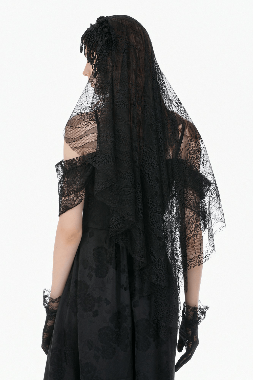 Black Lace Bridal Veil with Beaded Fringe Headpiece