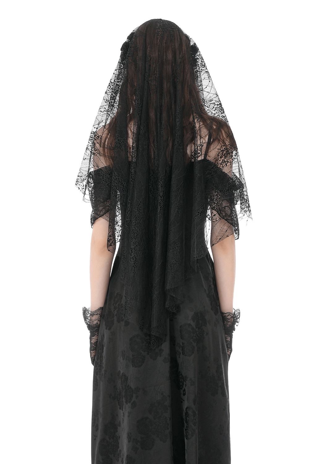 Black Lace Bridal Veil with Beaded Fringe Headpiece