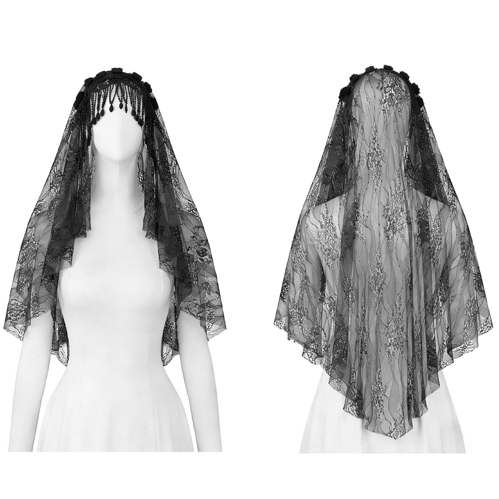 Black Lace Bridal Veil with Beaded Fringe Headpiece