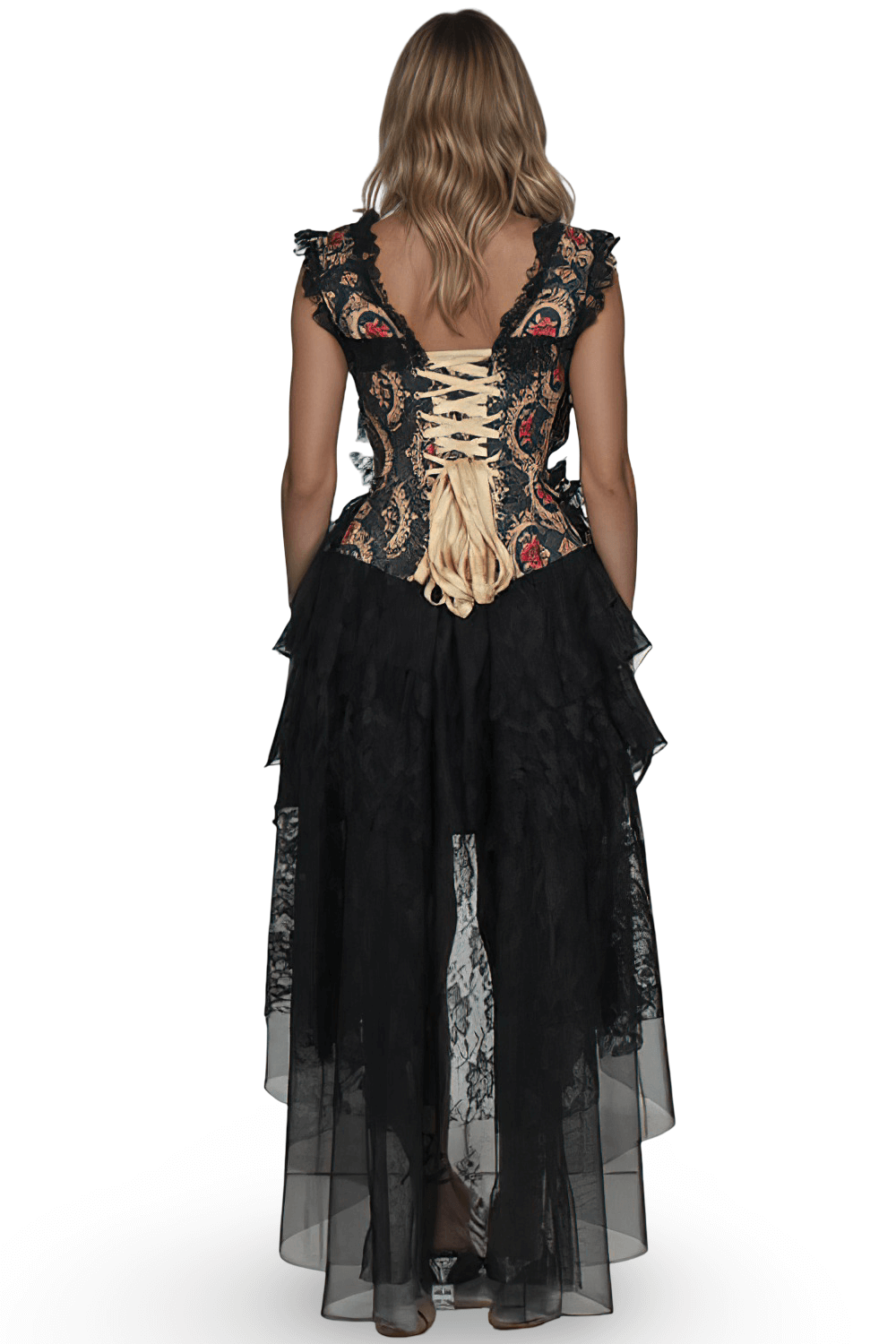 Black Lace Corset Dress with Red Rose Gothic Print