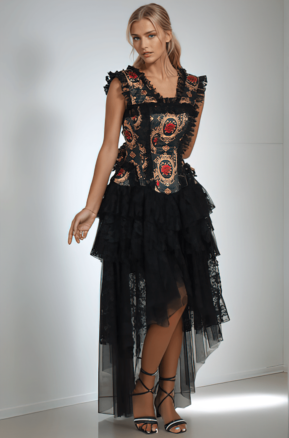 Black Lace Corset Dress with Red Rose Gothic Print