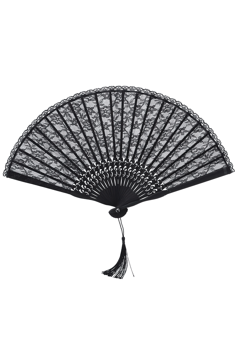 Black Lace Folding Fan with Vintage Gothic Details