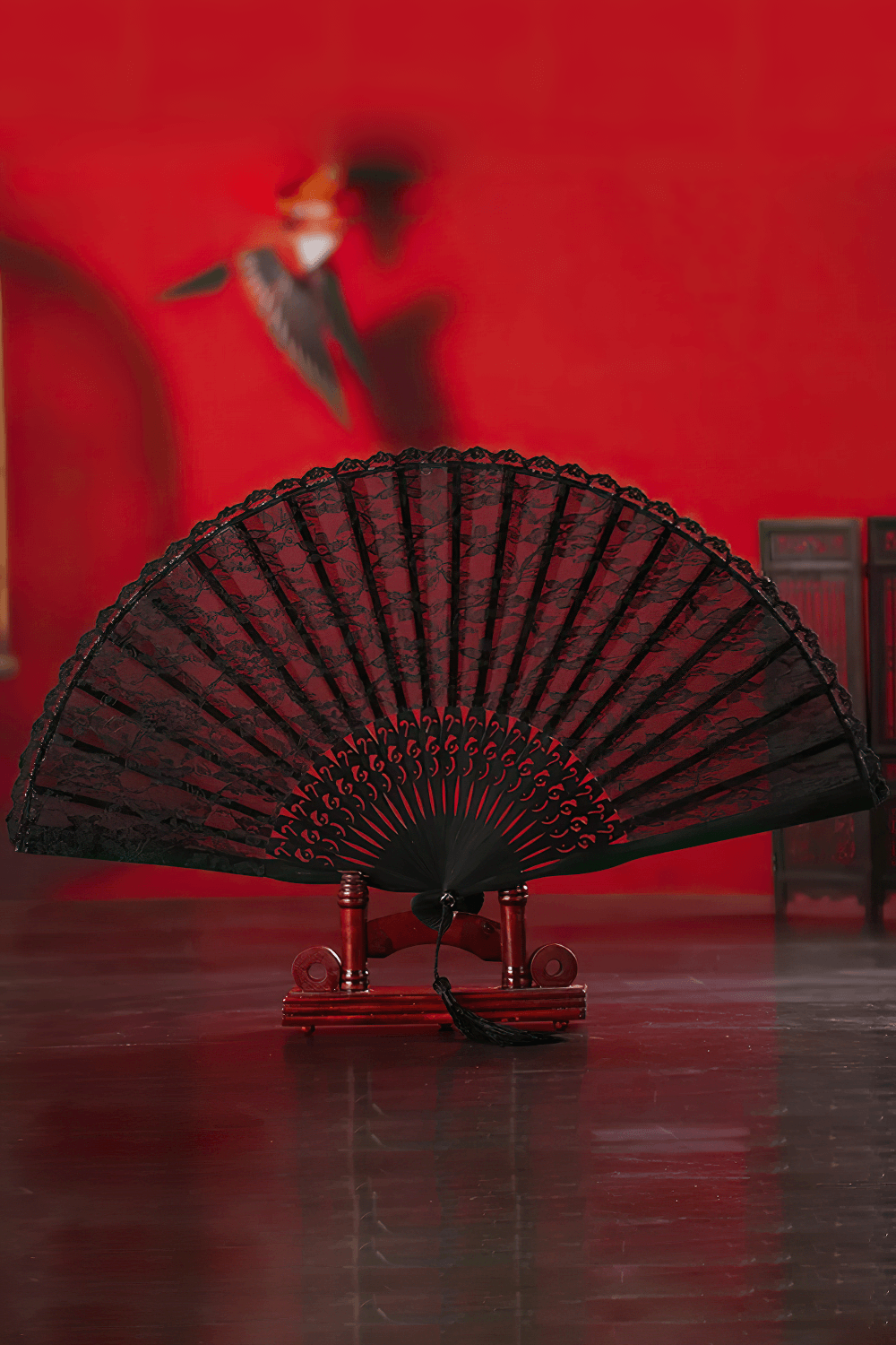 Black Lace Folding Fan with Vintage Gothic Details