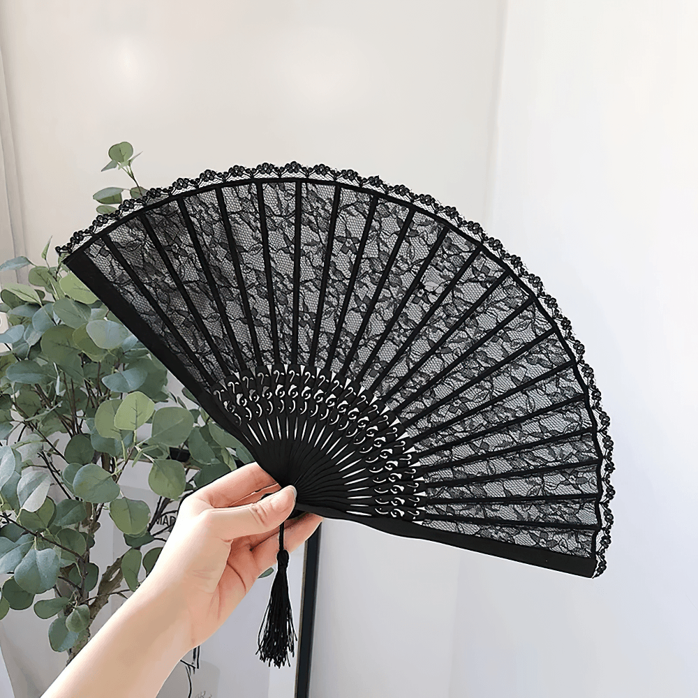 Black Lace Folding Fan with Vintage Gothic Details
