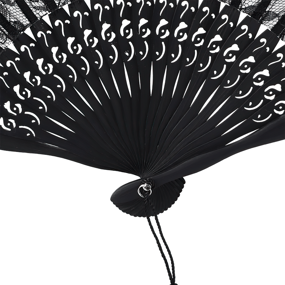 Black Lace Folding Fan with Vintage Gothic Details