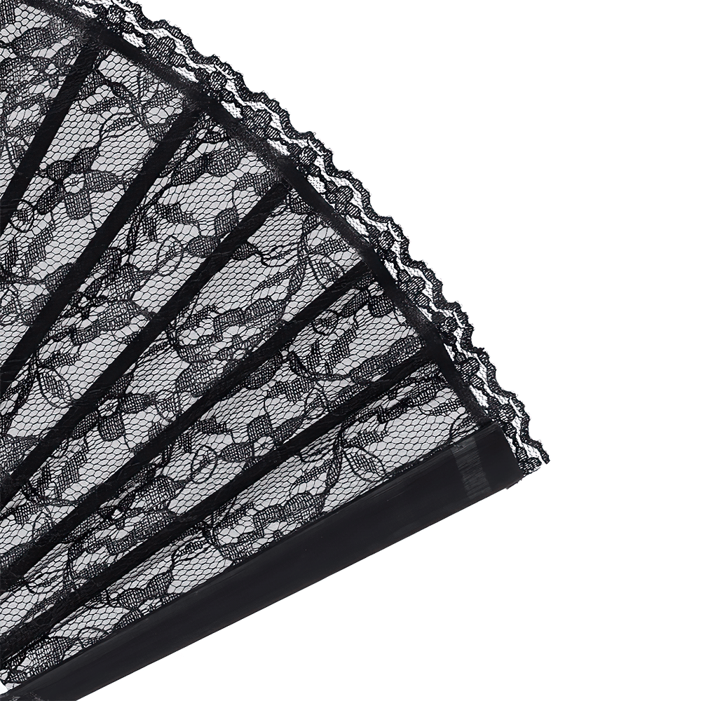 Black Lace Folding Fan with Vintage Gothic Details