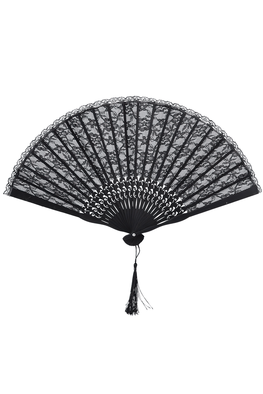 Black Lace Folding Fan with Vintage Gothic Details