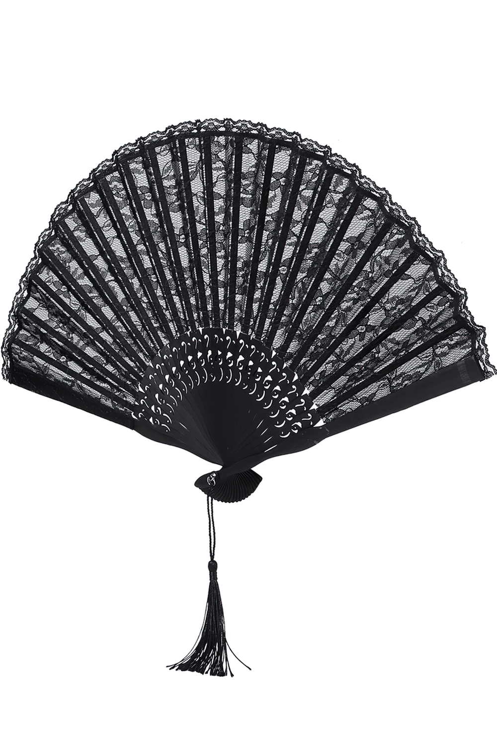 Black Lace Folding Fan with Vintage Gothic Details