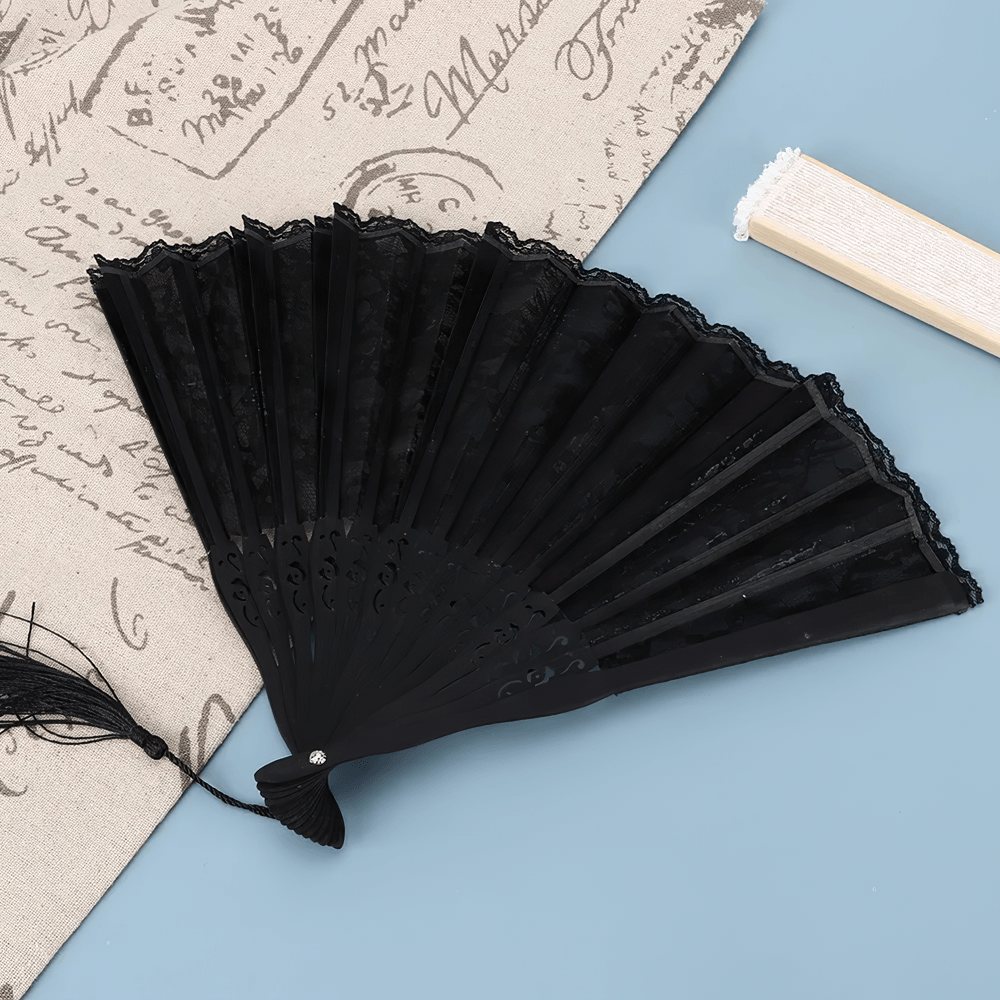 Black Lace Folding Fan with Vintage Gothic Details
