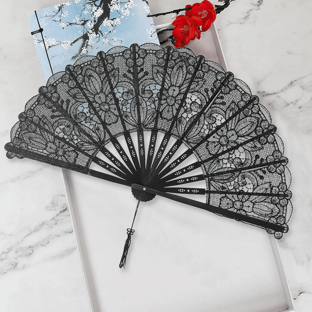 Black Lace Folding Hand Fan with Floral Gothic Detail
